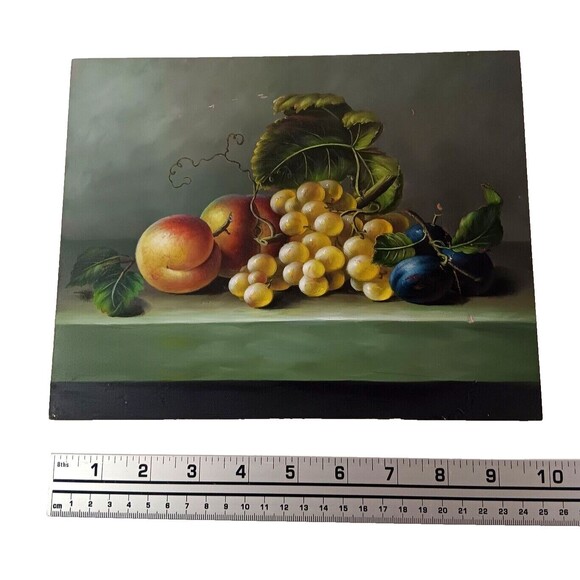 Vintage Still Life Fruit Painting On Board Dark Moody Peaches Grapes 8" x 10" - Picture 5 of 16